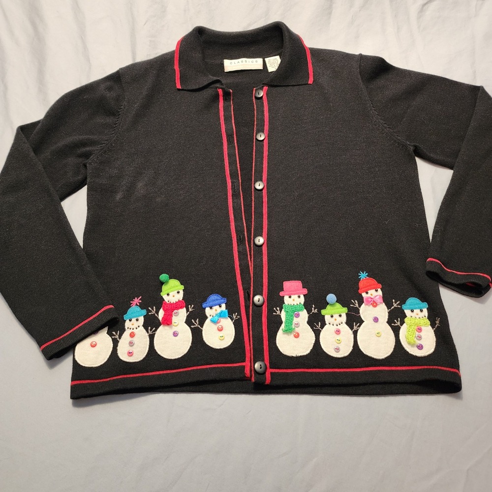 Vintage Classics by Marisa Christina Snowman Cardigan Sweater‎ Womens S Knit